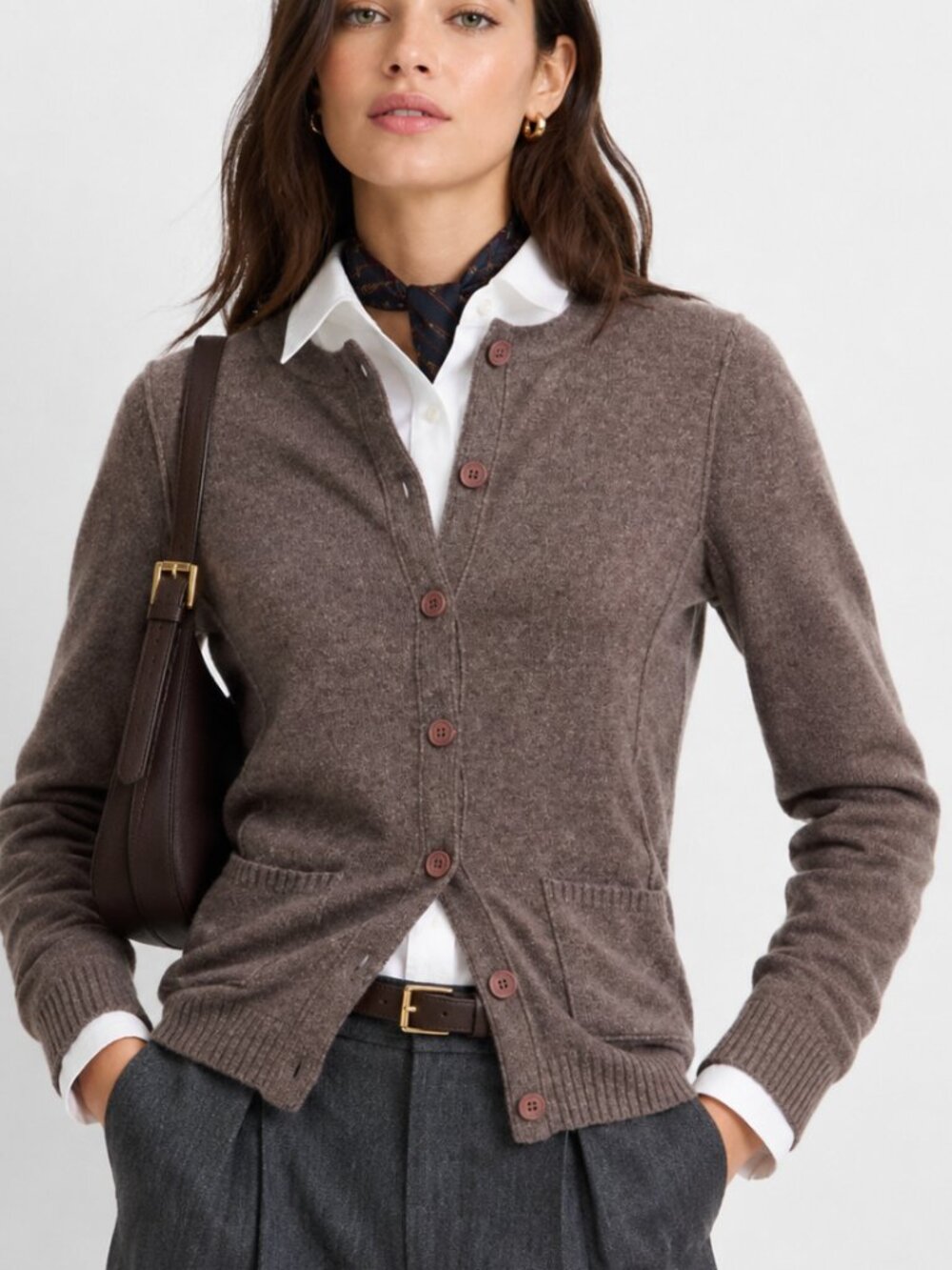 AQUA Bloomindales 100% Cashmere Taupe Button Up Soft Sweater Cardigan Top L $225